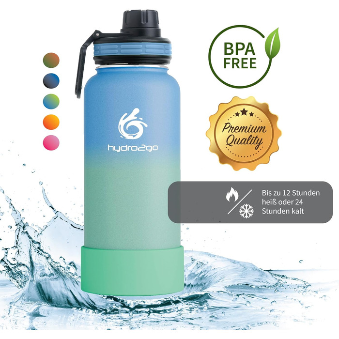 Stainless Steel Water Bottle – BPA-Free Thermo Bottle for Kids, School, Sports & Outdoor – Keeps Drinks Hot for up to 12H and Cold for up to 24H – Includes 3 Drinking Caps – (Lagoon, 950 ml)