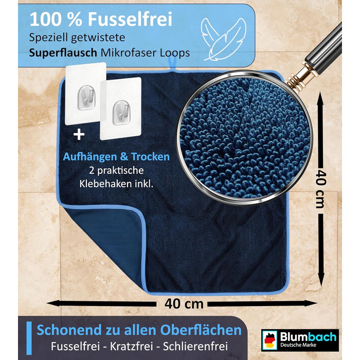 Набір мікрофібрових рушників для сушіння BLUMBACH Ultra Wipes, 700 GSM, 40x40 см, темно-синій (3 шт.) — для душу та авто