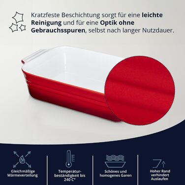 Форма для запікання KHG середнього розміру 34 см, 1,75 л, червона, для 3-4 осіб. Прямокутна керамічна форма для запікання з каменю, стійка до подряпин. Підходить для лазаньї, тірамісу та інших запечених страв. 1 шт. (34 см)