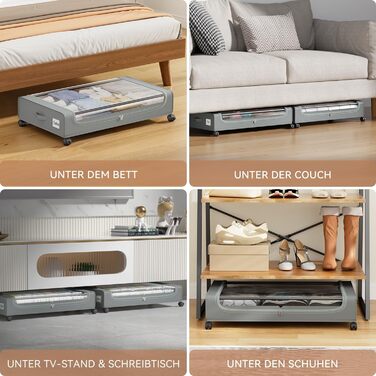 Коробки для зберігання під ліжко PHINOX з роликами, сірі, 2 шт (74x42x16 см) - коробки-органайзери для одягу, взуття, іграшок з прозорою кришкою