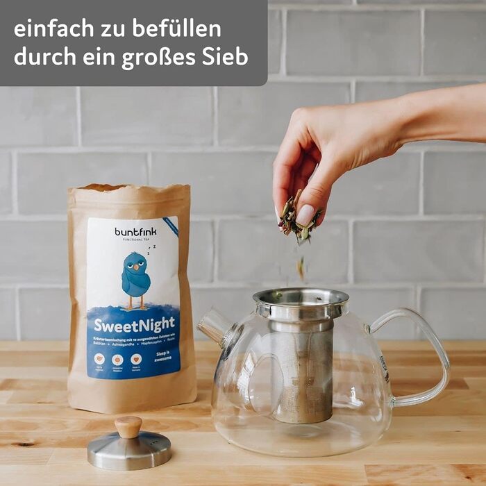 Скляний чайник Buntfink 'TeaPot' з ситечком із нержавіючої сталі, боросиликатне скло, 1.5 л