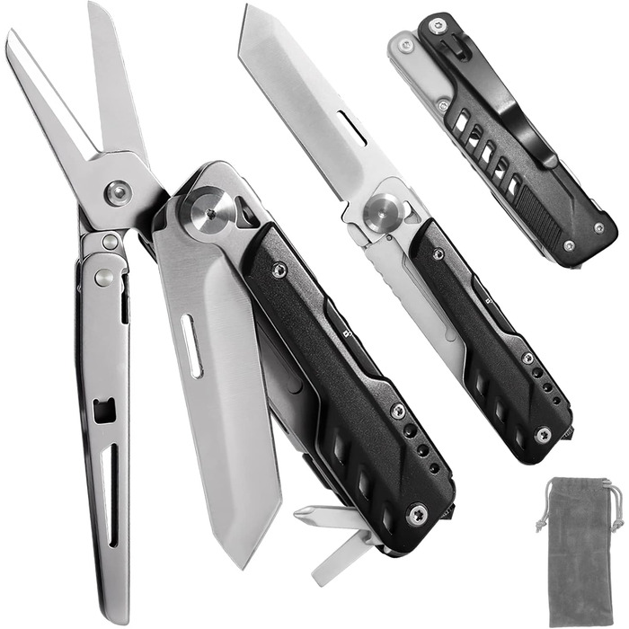 HONZIN Mutitoo 5-in-1 Multifunction Pocket Knife, Folding Knife, Scissors, Detachable Geometric Knife Made of Stainless Steel for Outdoor Use, with Cord Pull Pouch (Extra 11 Screwdriver Inserts) (M)