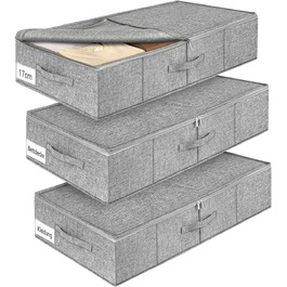 Коробки для зберігання під ліжко MePure, сірі, 3 шт. – 50л, з кришкою та блискавкою, для одягу, ковдр, постільної білизни, подушок, 76×38×17 см