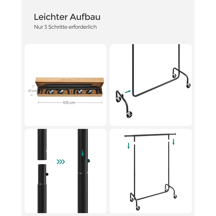 SONGMICS Clothes Rack with Wheels, Clothes Rail, Heavy-Duty, Extendable Clothes Rod, Load Capacity up to 110 kg, 45 x (160-200) x 162.9 cm, Metal, Chrome, HSR176E01 ((110-150)B cm, Matte Black)