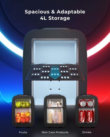 Міні холодильник 4L з RGB підсвіткою, охолодження/підігрів, 2в1, для напоїв та догляду за шкірою, 220V/12V, чорний