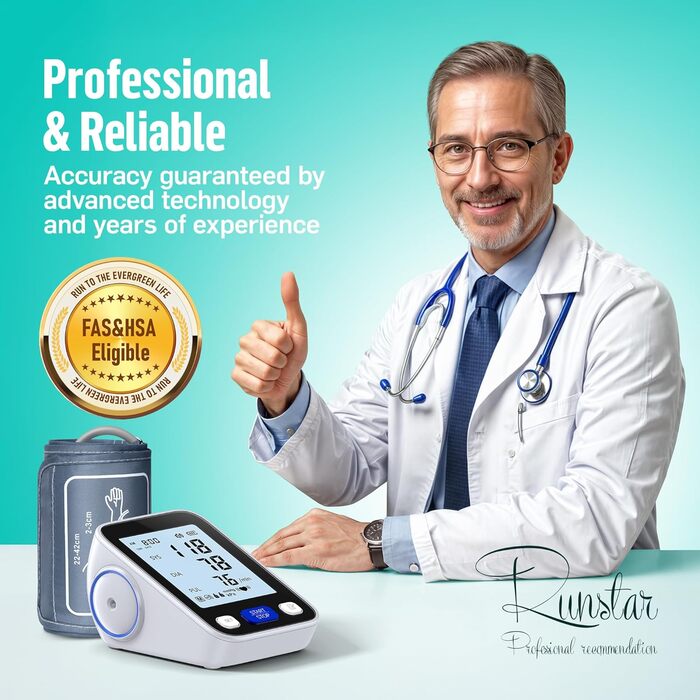 Тонометр RunStar на плече з широкою манжетою (22-42 см) для дому, автоматичний цифровий тонометр з сумкою для зберігання, пам'ять на 2 x 99 показників
