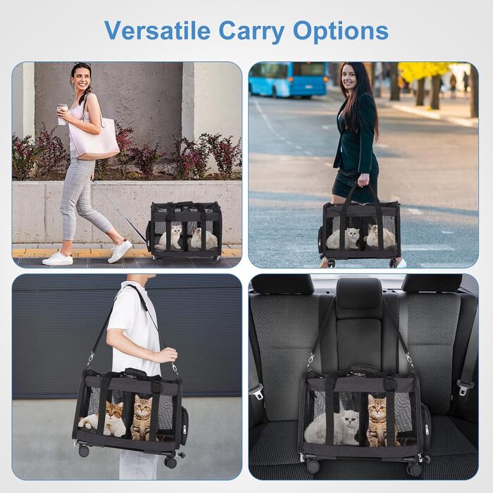 Транспортна переноска для котів та собак з подвійним відділенням, знімною перегородкою та колесами, чорна, L