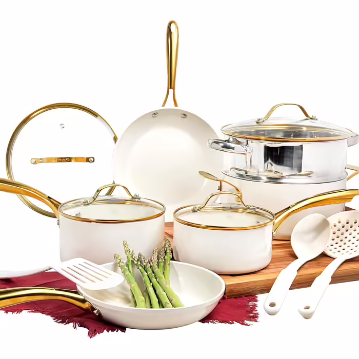 GOTHAM STEEL 15-Piece Cookware Set, Non-Stick Cookware Set, Pot and Pan Set, Kitchen Cookware Sets, Ceramic Cookware Set, Dishwasher Safe, Non-Toxic, Cream White 15 Pieces