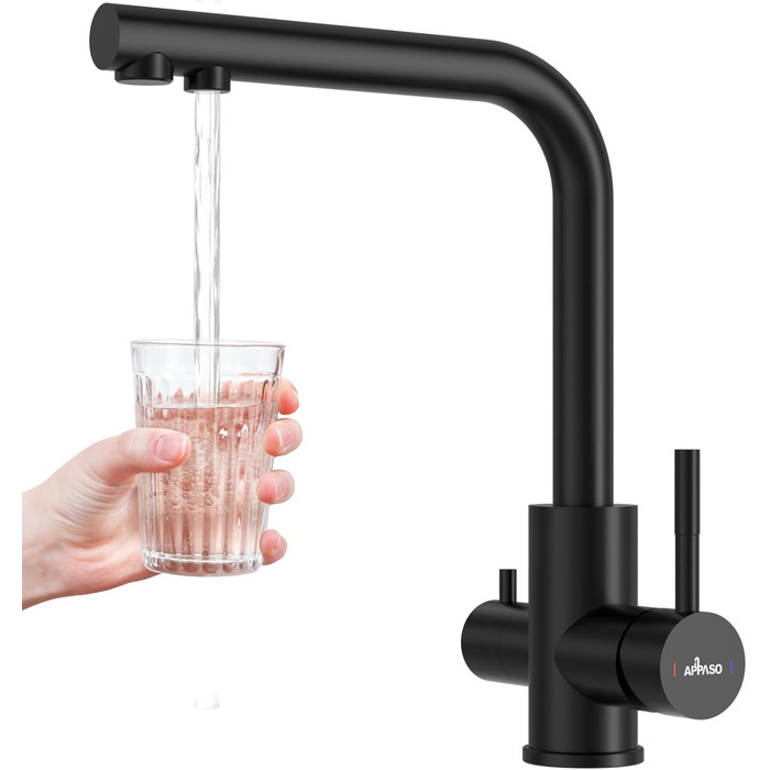 Кран кухонний APPASO 3-в-1 чорного кольору, з трьома виходами, для фільтрації води, поворотний на 360°, з двома важелями, з нержавіючої сталі