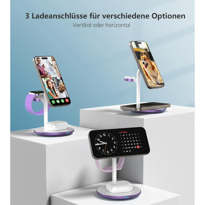 3-в-1 Індукційна Зарядка для Кілька Пристроїв, 15W MagSafe, iPhone 15/14, iWatch Ultra/Series 9/8, AirPods, Білий/Фіолетовий