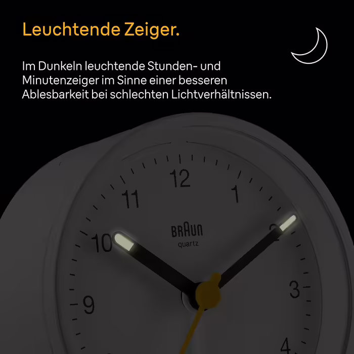 Braun Classic Analog Alarm Clock with Snooze Function and Light, Silent Quartz Movement, Crescendo Alarm in White, Model BC12W.