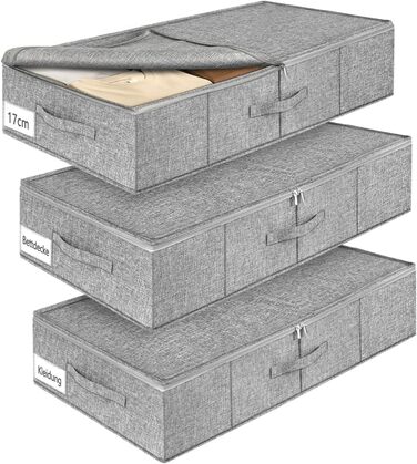 Коробки для зберігання під ліжко MePure, сірі, 3 шт. – 50л, з кришкою та блискавкою, для одягу, ковдр, постільної білизни, подушок, 76×38×17 см