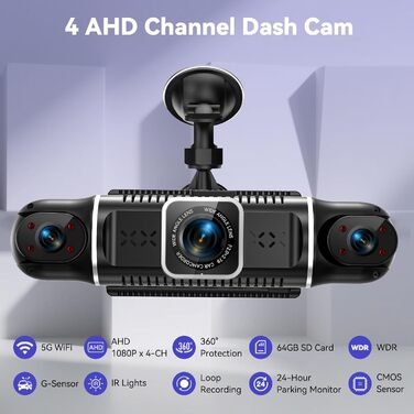 Відеореєстратор 4K для авто з двома камерами (перед/зад) + 2 додаткові, 3