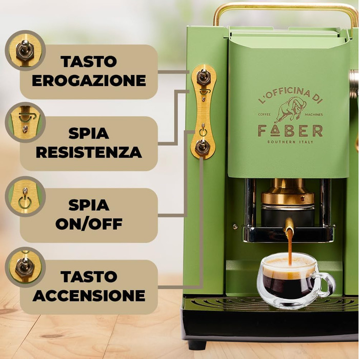 Faber Coffee Machines | Pro Deluxe Model | ESE 44 mm Coffee Pod Machine | Brass-Coated Finish | Adjustable Brass Pad Press | Standard Electrical Valve (Acid Green)