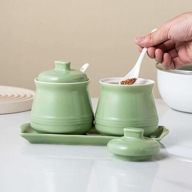 Ceramic Sugar Bowl with Spice Jars, Sugar Bowl with Lid, Sugar/Salt Pot/Seasoning Canister, Sugar Storage Jar, Sugar Pot, Sugar Container/Spice Jar (Green)
