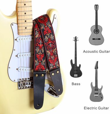 Гітарний ремінь Nefelibata: 2 шт., вишиті, з повним шкіряним краєм, прихованою кишенею, для бас-, електро- та акустичних гітар, безкоштовна пряжка, замок та медіатори. Червоний ретро-квітка