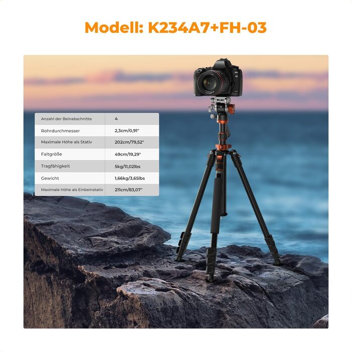 Штатив K&F Concept T254A7+BH-28L для камери: професійний, 230см, з рідинною головкою
