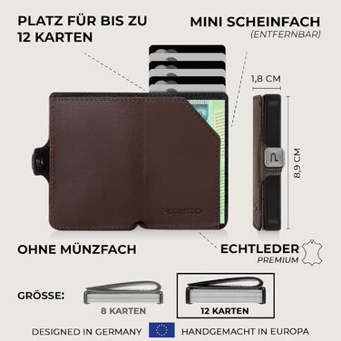 PURISTO KLIK: Тонкий міні-портмоне для чоловіків з натуральної шкіри. RFID захист, 12 карт, без відділу для монет. Колір: темно-коричневий