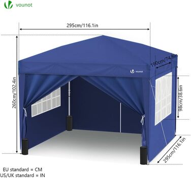 VOUNOT® Pavilion 3x3m with 4 Side Walls & 4 Sandbags, Pop-Up Folding Pavilion, Foldable Garden Tent Party Tent, including Bag, Grey (Blue+4 Side Walls)