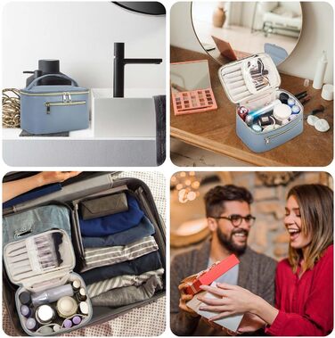 Косметичка для жінок, велика дорожня косметичка для макіяжу з відділенням для пензлів, органайзер, культурочка, з PU-шкіри, переносний мішечок для макіяжу, сіро-блакитний (патентний номер)