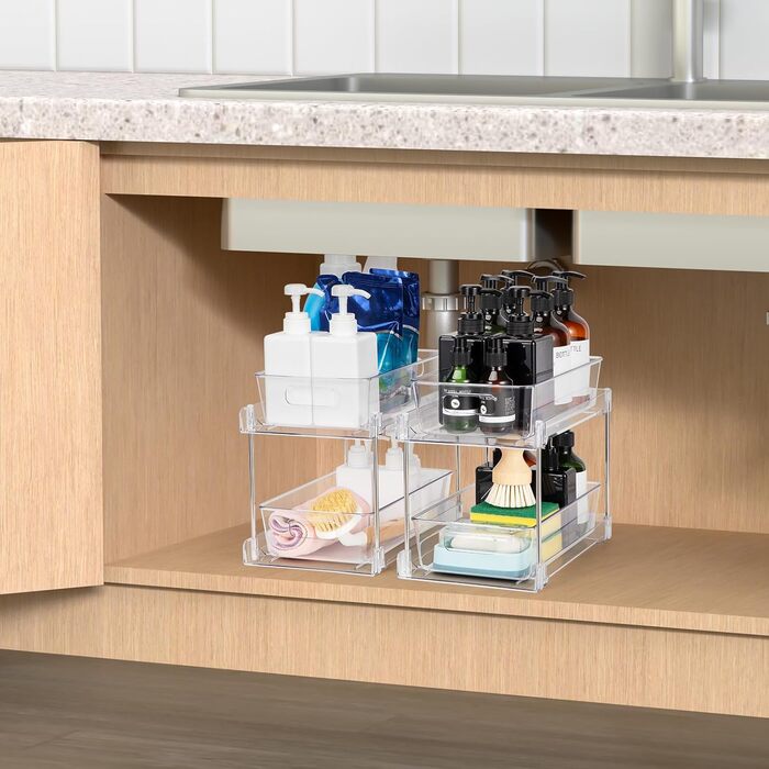 Cinnani 2 Pack 2-Tier Under Sink Shelf, Kitchen Cabinet, Refrigerator, Under Cabinet Organizer, Multifunctional Acrylic with Sliding Drawer Kitchen Shelf for Food Storage Containers, Spice Rack, Cosmetics