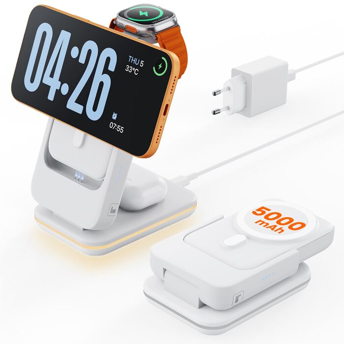 GEEKERA 3-в-1 Магнітна бездротова зарядка Powerbank 5000mAh: для iPhone 17/16/15/12, Apple Watch, AirPods, Samsung Galaxy (Білий)