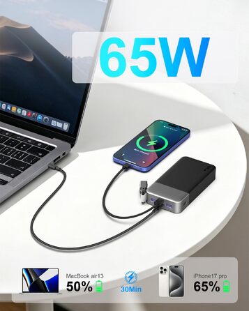 Повербанк NOBIS 20000 mAh 65W з вбудованим кабелем, швидка зарядка, 2x USB-C та 2x USB-A, для ноутбуків, планшетів та смартфонів, чорний
