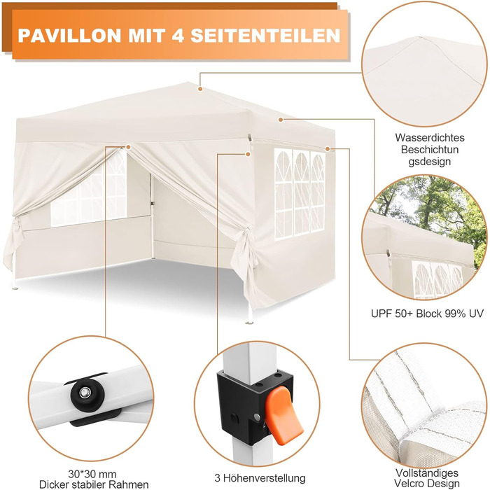 Gazebo, Leadyeah Pop-Up Pavilion with Sides, Foldable Camping Pavilion 2.5 x 2.5, Heavy-Duty Pavilion Tent, Fully Waterproof, 50+ UV Protection for Camping, Party - Beige (2.5m Beige)
