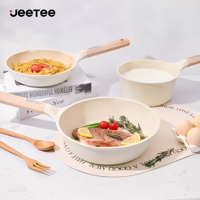 JEETEE Ceramic Cookware Set, 15-Piece, Non-Stick Granite Cookware Set, Slope Design, Induction Cookware Set, Cookware Set with Lid, Frying Pan, Saucepan, Stockpot, PFOS/PFOA Free, Grey