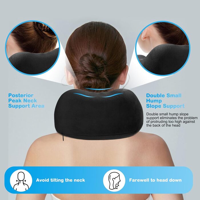 Подушка для шиї в літак, доросла, Memory Foam, регульована, компактна, з навушниками, маскою для сну та чохлом (чорна)