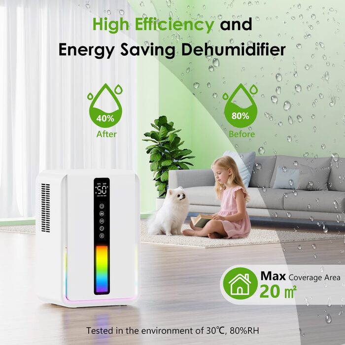 Електричний осушувач повітря 1.8L з антизаморожувальним захистом, 2 швидкості та 2 режими, таймер 48H, RGB підсвітка, для спальні, ванної кімнати та гуртожитку (2500 мл)