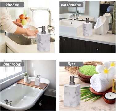 Дозатор для мила Suanti, 425 мл, з помпою з нержавіючої сталі, наповнюваний, квадратний, декоративний, для мила для рук, миття посуду та лосьйону, стиль мармур (білий та білий)