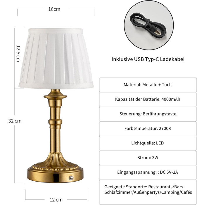 Акумуляторна настільна лампа LED з димером та сенсорним керуванням Bronze + Білий абажур для вітальні, спальні, ванної кімнати