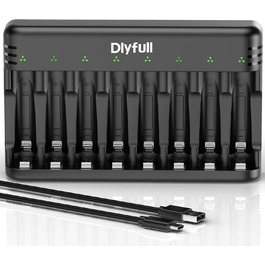 Зарядний пристрій Dlyfull для акумуляторів AAA/AA, 8-канальний зарядний пристрій з LED-дисплеєм, 5V/2A USB-C, для NI-MH/NI-CD, чорний