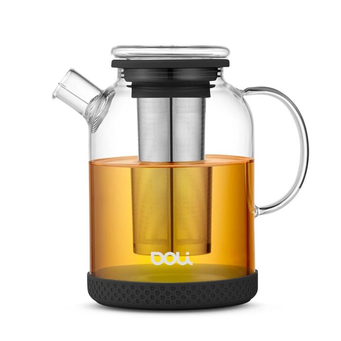 Скляний чайник Doli 1,5 л з сіткою з нержавіючої сталі, чорний — для гарячих та холодних напоїв, підходить для посудомийки, BPA-free