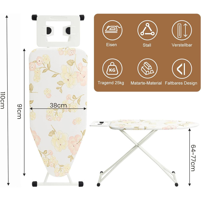 Відкидна дошка для прасування 110 x 38 x 64-77 см, 6 положень по висоті, з гумовими ніжками, бавовняним чохлом та підставкою для праски (біле квадратне візерунок, квіти)