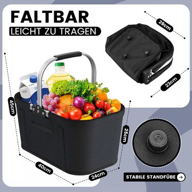 Складаний кошик для покупок 30L з 4 стійками | Міцний кошик для перенесення та пікнік | Великий кошик для сім'ї (46x27x25cm) | З м'якими ручками | Для покупок, подорожей, кемпінгу (Чорний)
