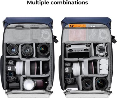 Рюкзак для камери K&F Concept Rolltop 20L: водонепроникний, для Canon, Nikon, Sony, Fujifilm, Olympus, з відділенням для ноутбука 15.6 дюймів (сірий/зелений)