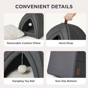Ліжко для котів BEDSURE - велика печера для котів, 44x44x44 см. Знімний лежак з Sherpa та іграшками. Легко миється. (40x40x40 см, темно-сірий)