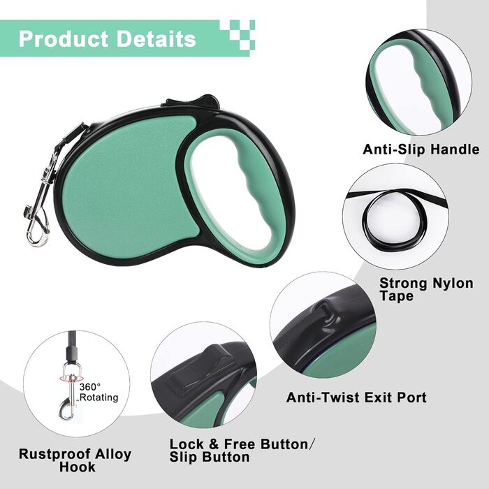 Висувна повідка для собак, 5 м, для собак маленьких та середніх порід (до 25 кг), антизаплутування, міцний нейлоновий трос (рожево-білі крапки), колір: зелений