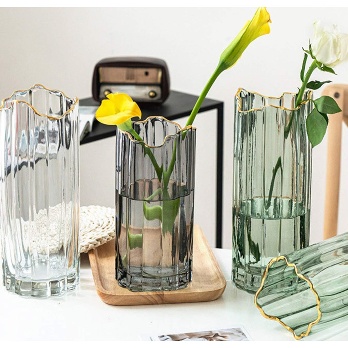 Висока скляна ваза для квітів, велика ваза-циліндр для декору столу (сіра, 12x12x30 см)