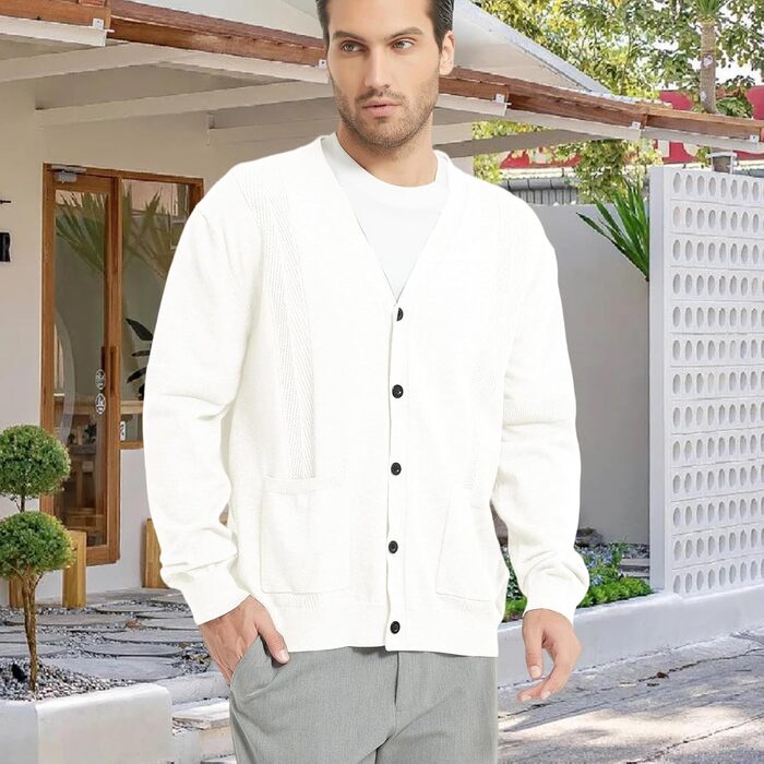 Чоловічий кардиган з в'язаного полотна, чоловічий пуловер з V-подібним вирізом, з довгими рукавами, з ґудзиками та кишенями (білий, L)