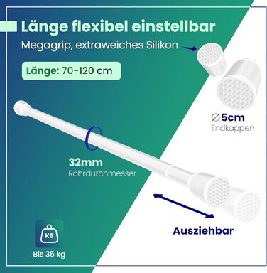Штанга для карниза без свердління – телескопічна штанга для штори – душова штанга без свердління – карниз для штори, штанга для душової завіси, вішалка для одягу, штанга для сітки від котів (70-120 см, Білий)