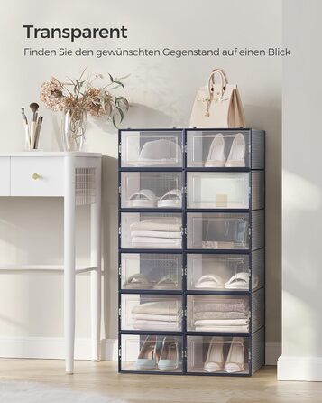 SONGMICS Shoe Boxes, 12-Piece Set, Plastic Shoe Organizer, Foldable and Stackable, for Shoes up to Size 44, Transparent-White LSP12SWT (12-Piece Set for Shoes up to Size 44, Transparent + Anthracite Blue)