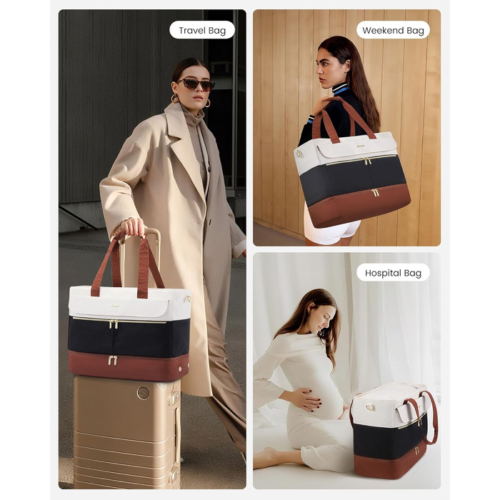 Сумка-валіза LOVEVOOK для жінок, 45л: валіза-рюкзак, сумка для подорожей, спортивна сумка, сумка для вихідної поїздки, клінічна/лікарняна сумка з відділенням для взуття та мокрих речей (чорний+бежевий+коричневий)