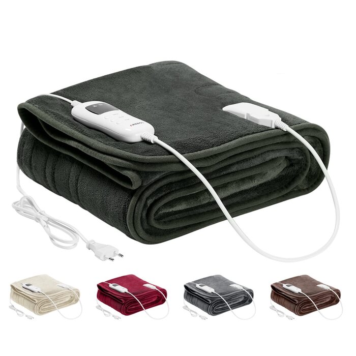 Електрична гріюча ковдра Arebos 200x180 см з таймером та захистом від перегріву | Плюшева, машинна стирка, 9 рівнів нагріву, антрацит