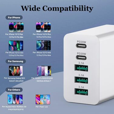 Зарядний пристрій USB-C 50W, 5 портів: 2 USB-C + 3 USB-A, Fast Charge PD 3.0, сумісний з iPhone, Samsung, планшетами - Білий