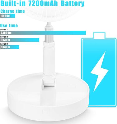 AICase Battery-Powered Table and Stand Fan, Cordless with Remote Control, Quiet 4-Speed Portable Fan, Height Adjustable and Foldable; Ø 19.7 cm, 7200mAh Rechargeable, incl. USB-C Charging Cable