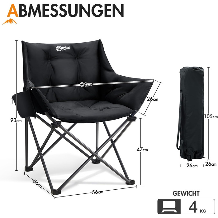 Крісло для кемпінгу складне, XXL, чорне, 150 кг, з підлокітниками, м'яке, для відпочинку на природі