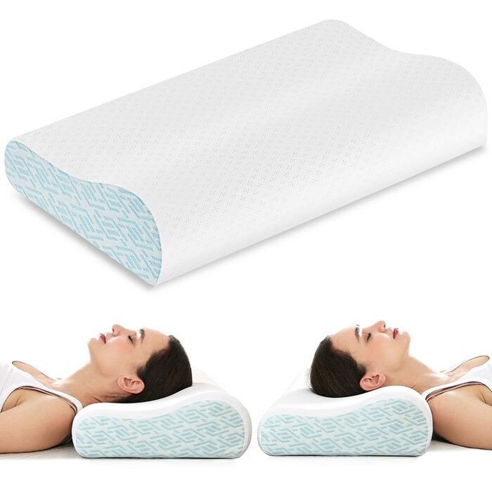Ергономічна подушка з ефектом пам'яті (Memory Foam) для шиї та голови, для сну на боці, спині та животі, дихаюча наволочка, синя, 61 x 35 x (9/12) см